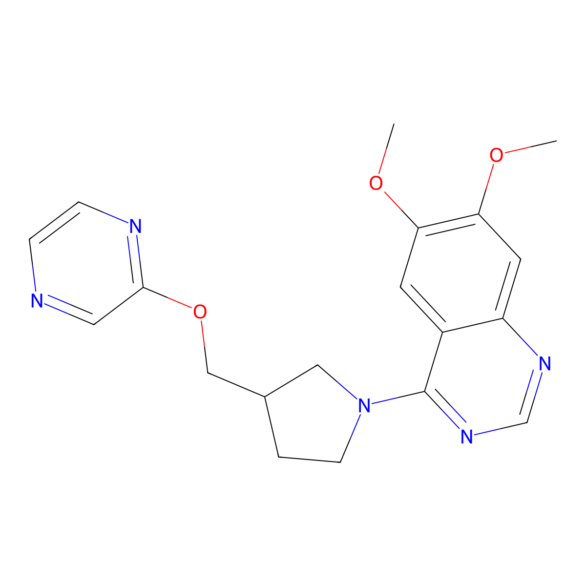 6,7-Dimethoxy-4-{3-[(pyrazin-2-yloxy)methyl]pyrrolidin-1-yl}quinazoline molecular structure, CAS 2770625-08-4