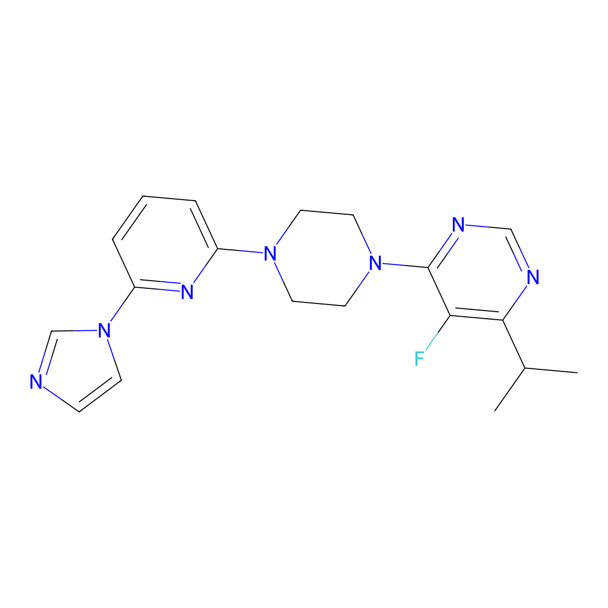 5-fluoro-4-{4-[6-(1H-imidazol-1-yl)pyridin-2-yl]piperazin-1-yl}-6-(propan-2-yl)pyrimidine molecular structure, CAS 2770625-13-1