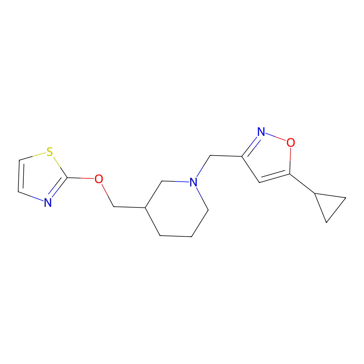 1-[(5-Cyclopropyl-1,2-oxazol-3-yl)methyl]-3-[(1,3-thiazol-2-yloxy)methyl]piperidine molecular structure, CAS 2770625-15-3