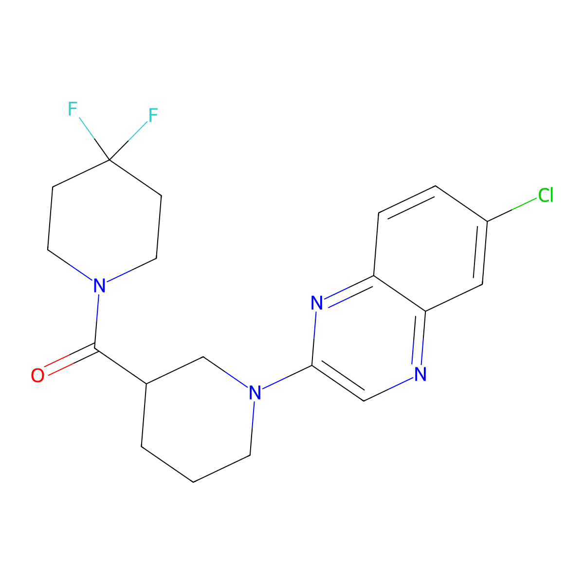 6-Chloro-2-[3-(4,4-difluoropiperidine-1-carbonyl)piperidin-1-yl]quinoxaline molecular structure, CAS 2770625-24-4