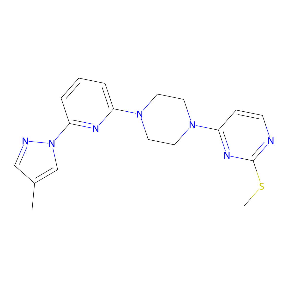 4-{4-[6-(4-methyl-1H-pyrazol-1-yl)pyridin-2-yl]piperazin-1-yl}-2-(methylsulfanyl)pyrimidine molecular structure, CAS 2770625-33-5