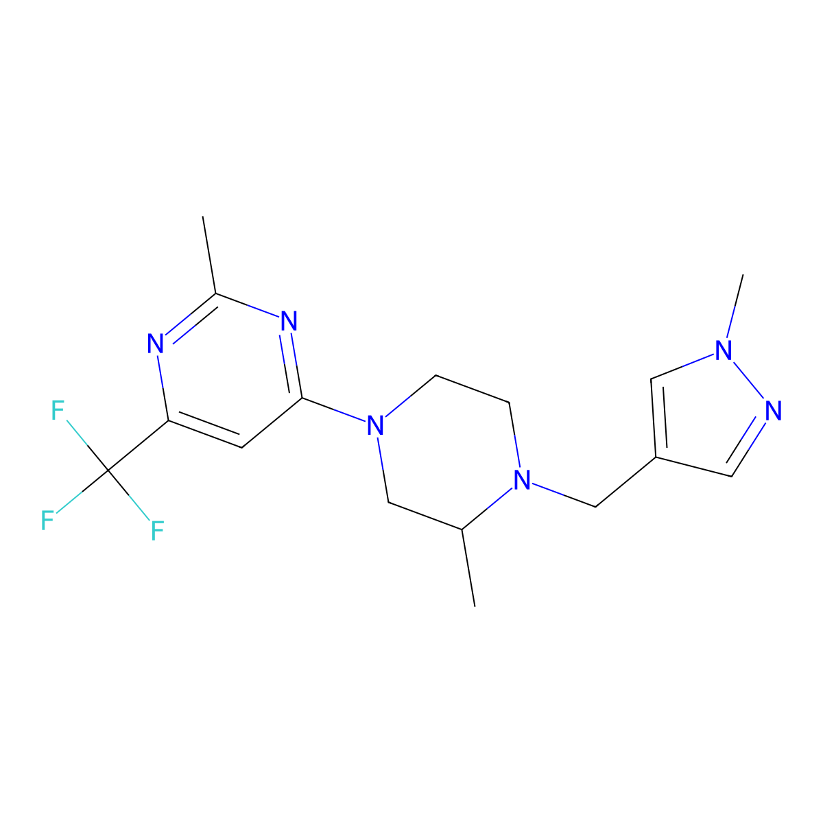 2-methyl-4-{3-methyl-4-[(1-methyl-1H-pyrazol-4-yl)methyl]piperazin-1-yl}-6-(trifluoromethyl)pyrimidine molecular structure, CAS 2770625-37-9