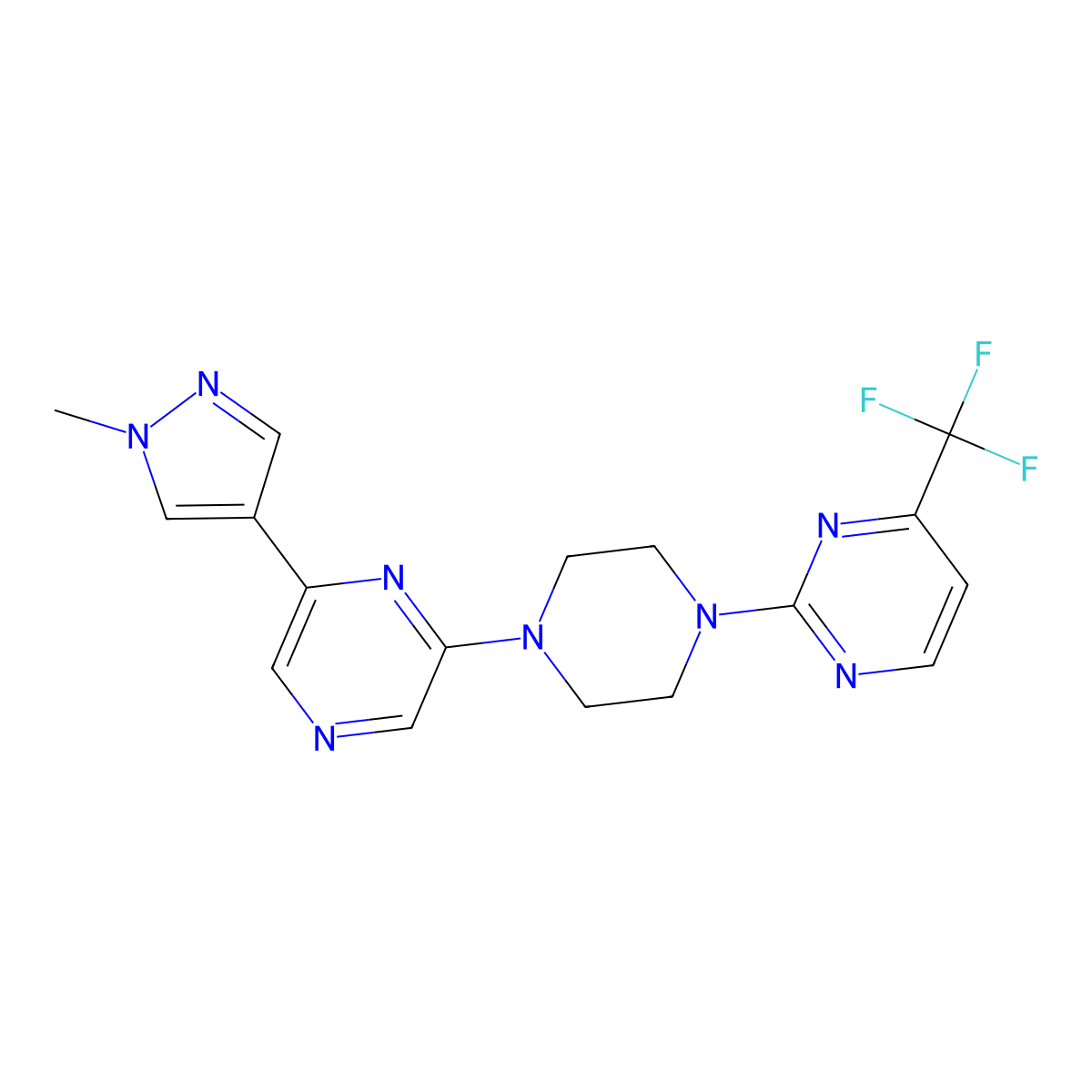 2-(1-methyl-1H-pyrazol-4-yl)-6-{4-[4-(trifluoromethyl)pyrimidin-2-yl]piperazin-1-yl}pyrazine molecular structure, CAS 2770625-40-4