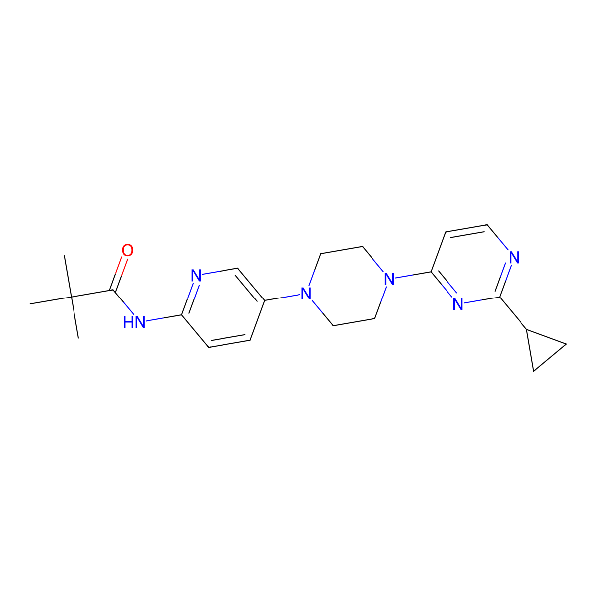 N-{5-[4-(2-cyclopropylpyrimidin-4-yl)piperazin-1-yl]pyridin-2-yl}-2,2-dimethylpropanamide molecular structure, CAS 2770625-47-1