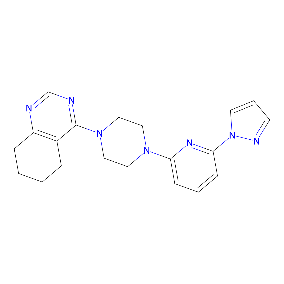 4-{4-[6-(1H-pyrazol-1-yl)pyridin-2-yl]piperazin-1-yl}-5,6,7,8-tetrahydroquinazoline molecular structure, CAS 2770625-51-7