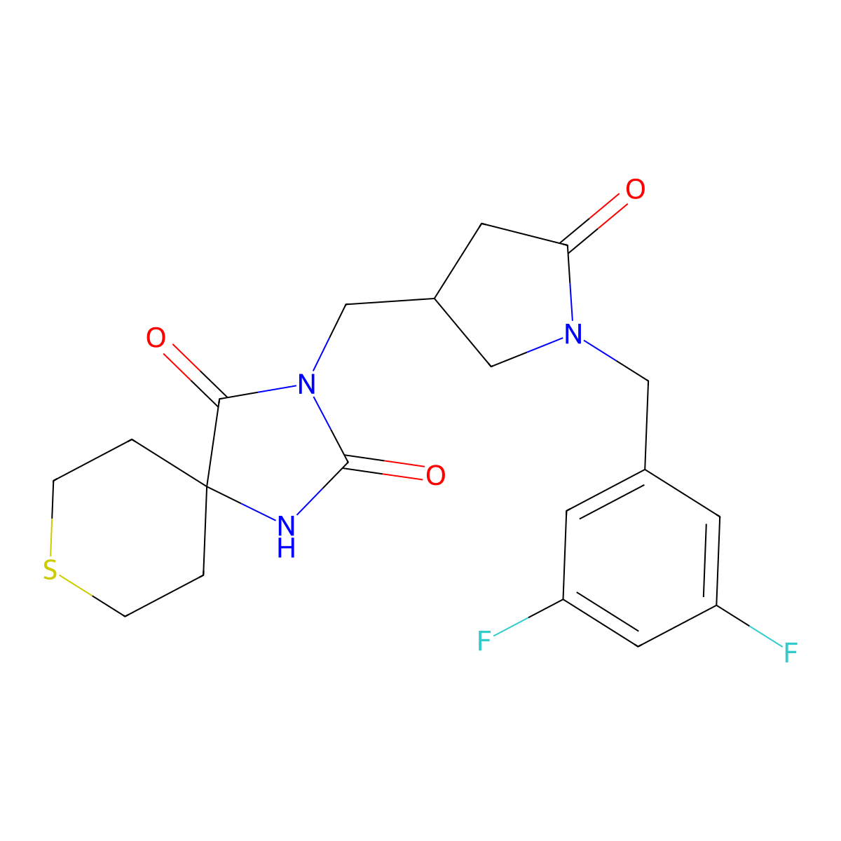 3-({1-[(3,5-Difluorophenyl)methyl]-5-oxopyrrolidin-3-yl}methyl)-8-thia-1,3-diazaspiro[4.5]decane-2,4-dione molecular structure, CAS 2770625-54-0