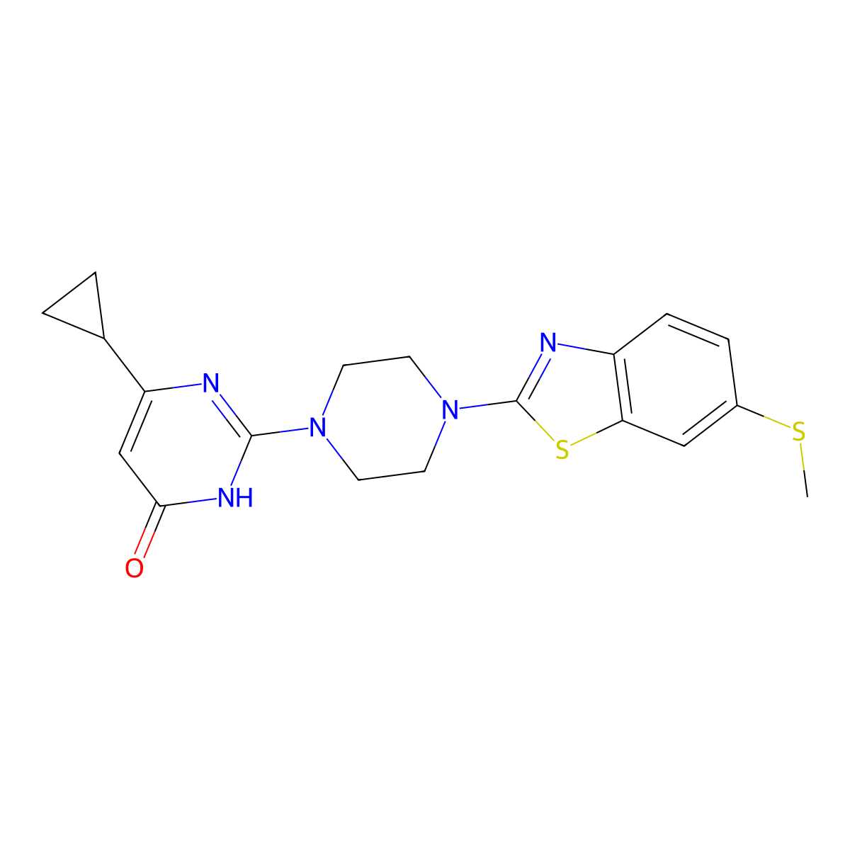 6-Cyclopropyl-2-{4-[6-(methylsulfanyl)-1,3-benzothiazol-2-yl]piperazin-1-yl}-3,4-dihydropyrimidin-4-one molecular structure, CAS 2770625-57-3