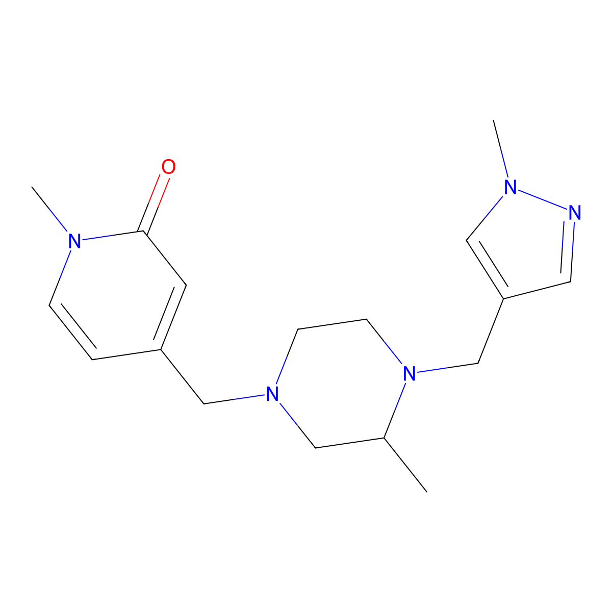 1-methyl-4-({3-methyl-4-[(1-methyl-1H-pyrazol-4-yl)methyl]piperazin-1-yl}methyl)-1,2-dihydropyridin-2-one molecular structure, CAS 2770625-62-0