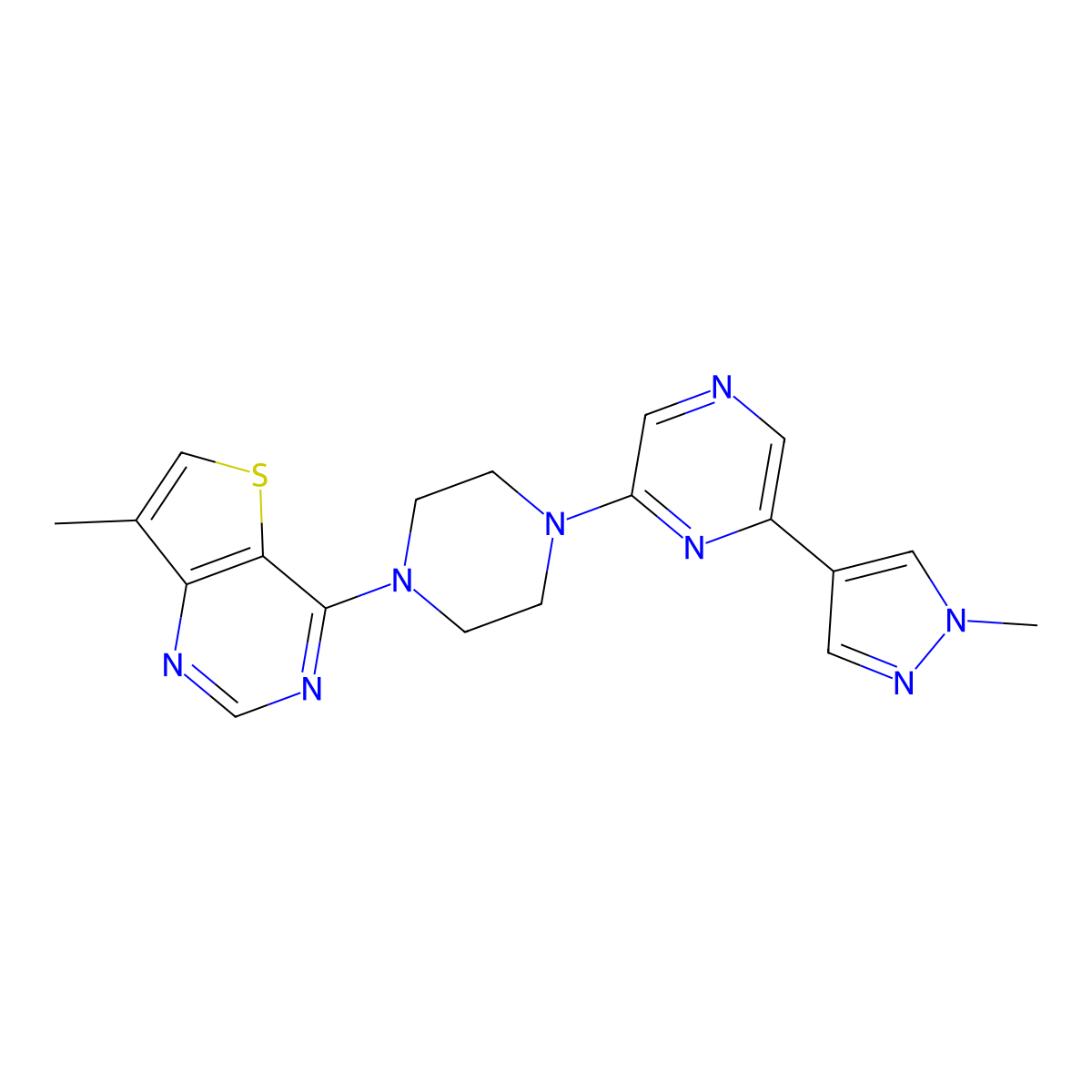 2-(1-methyl-1H-pyrazol-4-yl)-6-(4-{7-methylthieno[3,2-d]pyrimidin-4-yl}piperazin-1-yl)pyrazine molecular structure, CAS 2770625-66-4