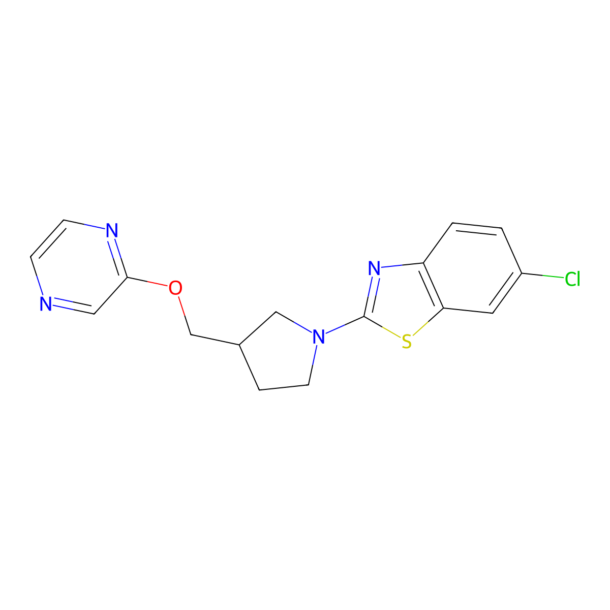 6-Chloro-2-{3-[(pyrazin-2-yloxy)methyl]pyrrolidin-1-yl}-1,3-benzothiazole molecular structure, CAS 2770625-68-6
