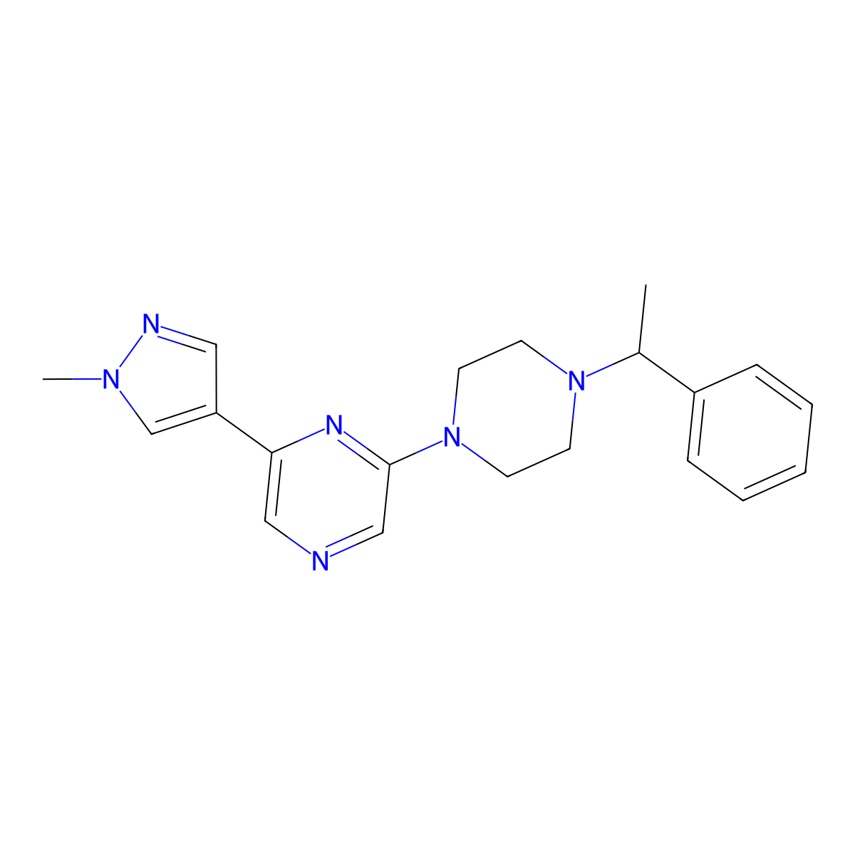 2-(1-Methylpyrazol-4-yl)-6-[4-(1-phenylethyl)piperazin-1-yl]pyrazine molecular structure, CAS 2770625-69-7