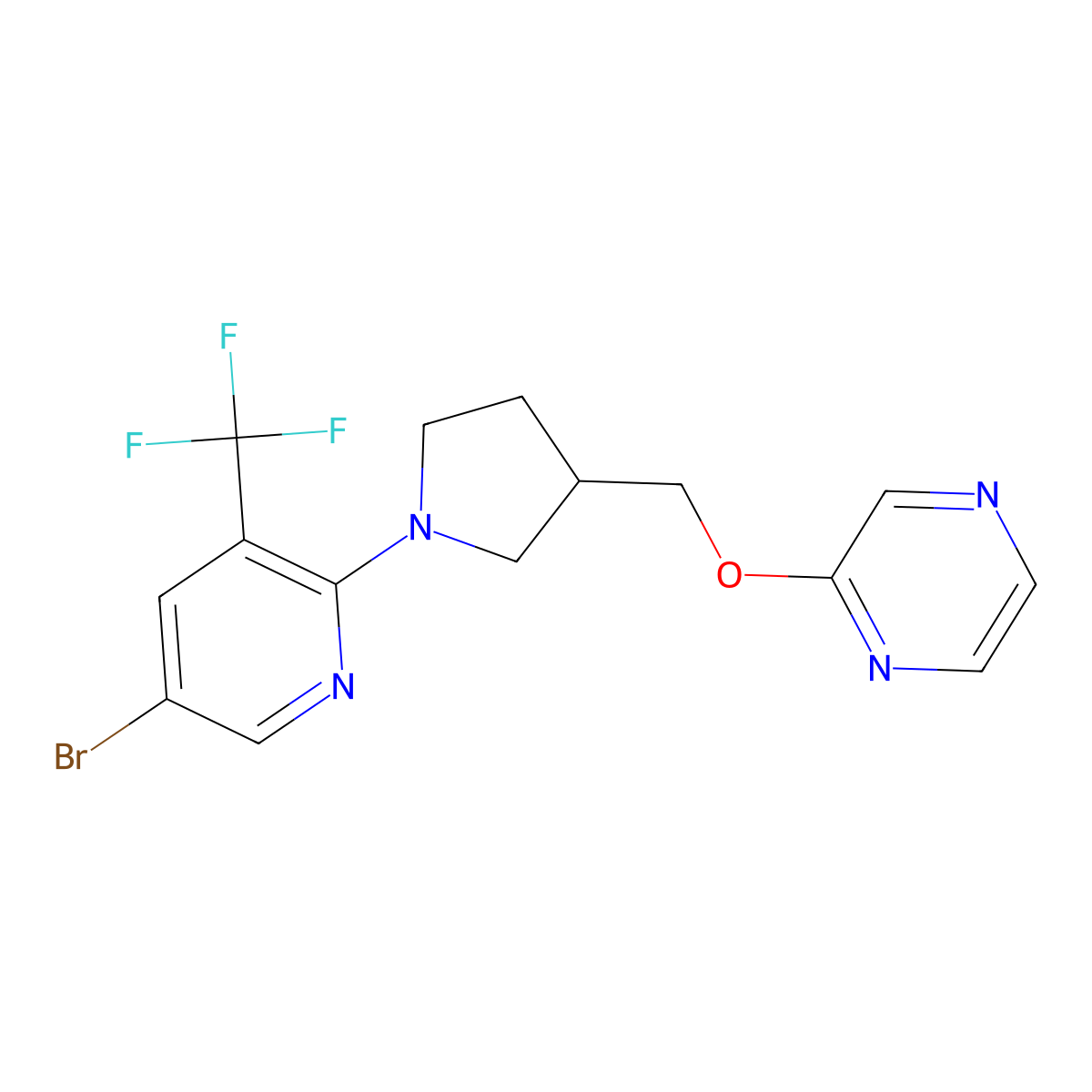 2-({1-[5-Bromo-3-(trifluoromethyl)pyridin-2-yl]pyrrolidin-3-yl}methoxy)pyrazine molecular structure, CAS 2770625-71-1