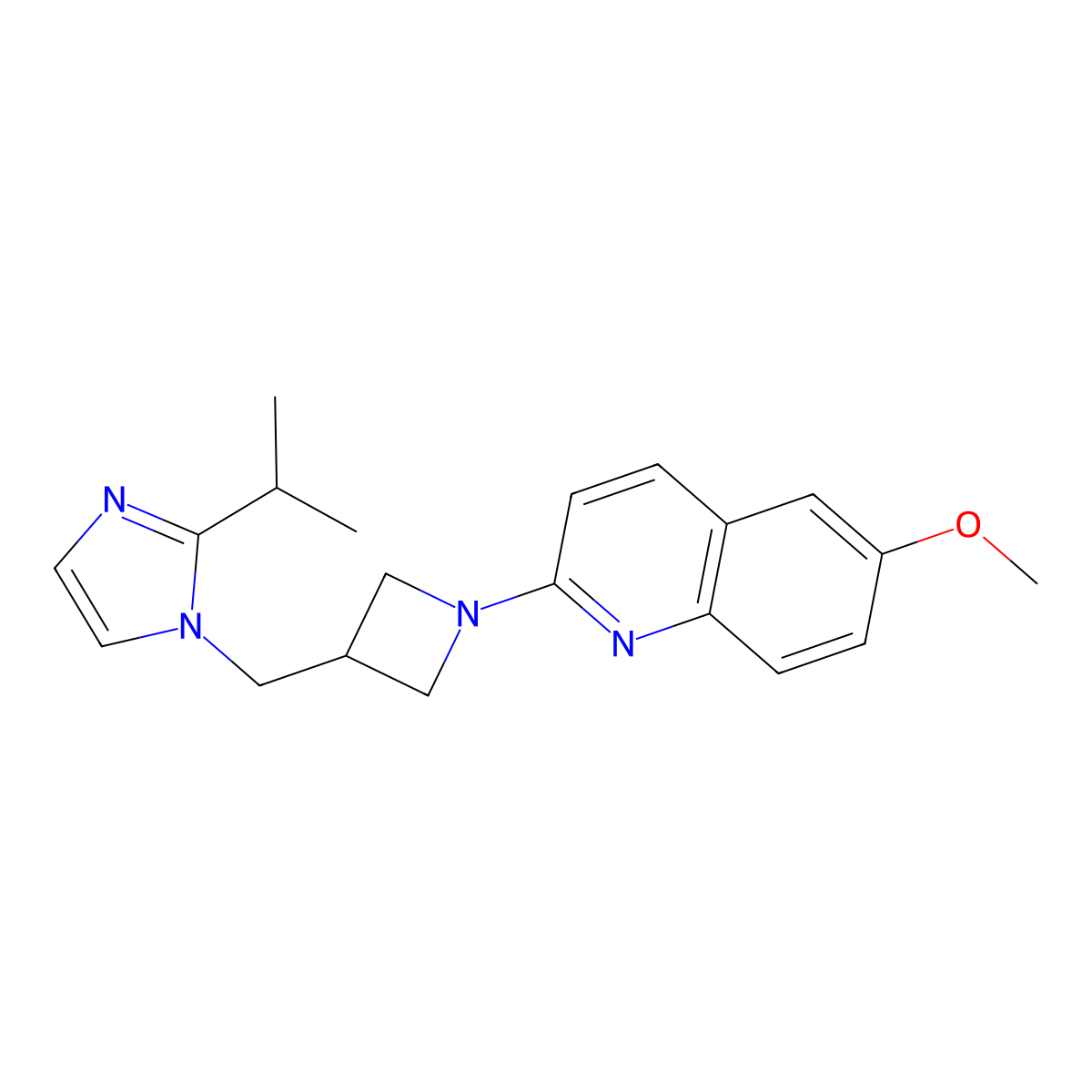 6-methoxy-2-(3-{[2-(propan-2-yl)-1H-imidazol-1-yl]methyl}azetidin-1-yl)quinoline molecular structure, CAS 2770625-75-5