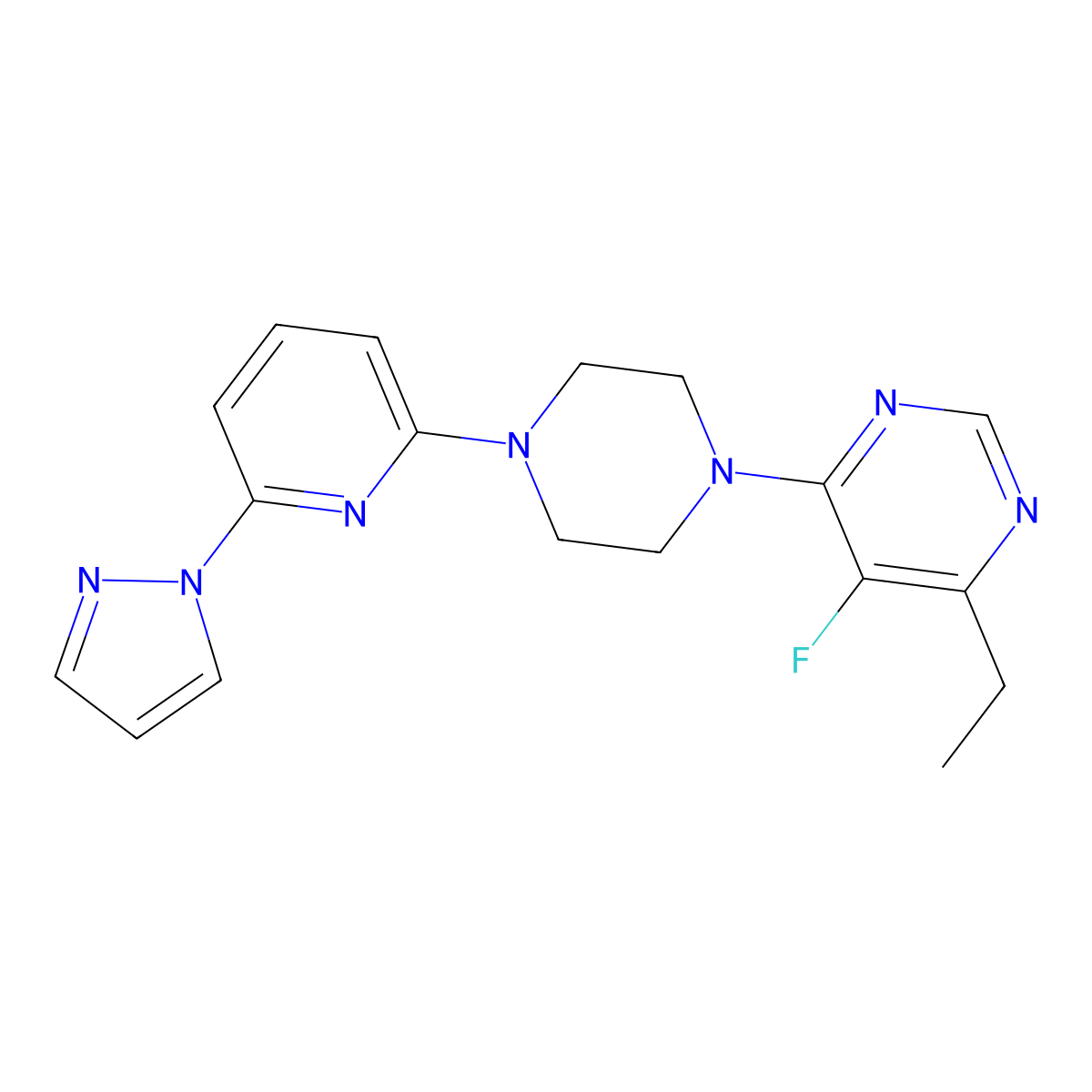 4-ethyl-5-fluoro-6-{4-[6-(1H-pyrazol-1-yl)pyridin-2-yl]piperazin-1-yl}pyrimidine molecular structure, CAS 2770625-81-3