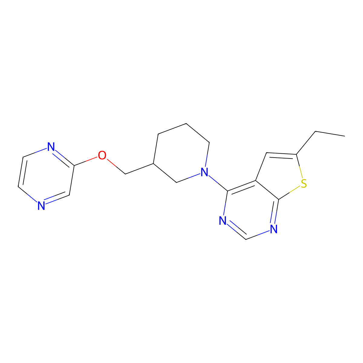 2-[(1-{6-Ethylthieno[2,3-d]pyrimidin-4-yl}piperidin-3-yl)methoxy]pyrazine molecular structure, CAS 2770625-85-7
