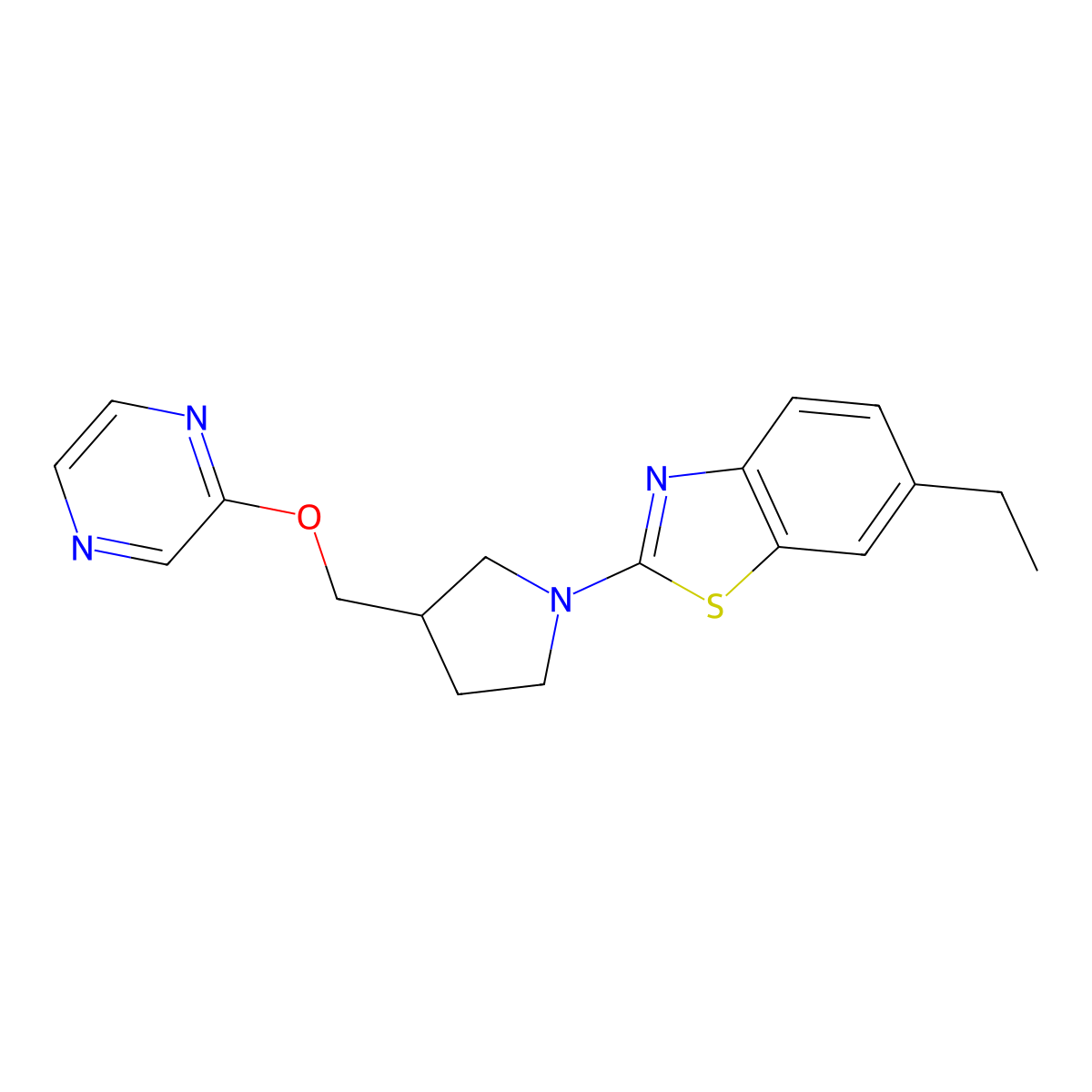 6-Ethyl-2-{3-[(pyrazin-2-yloxy)methyl]pyrrolidin-1-yl}-1,3-benzothiazole molecular structure, CAS 2770625-87-9