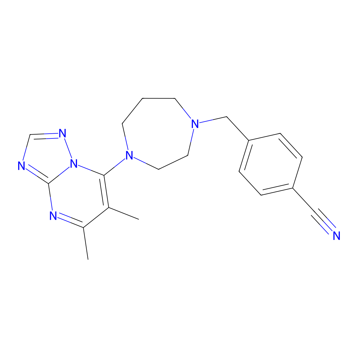 4-[(4-{5,6-Dimethyl-[1,2,4]triazolo[1,5-a]pyrimidin-7-yl}-1,4-diazepan-1-yl)methyl]benzonitrile molecular structure, CAS 2770625-90-4