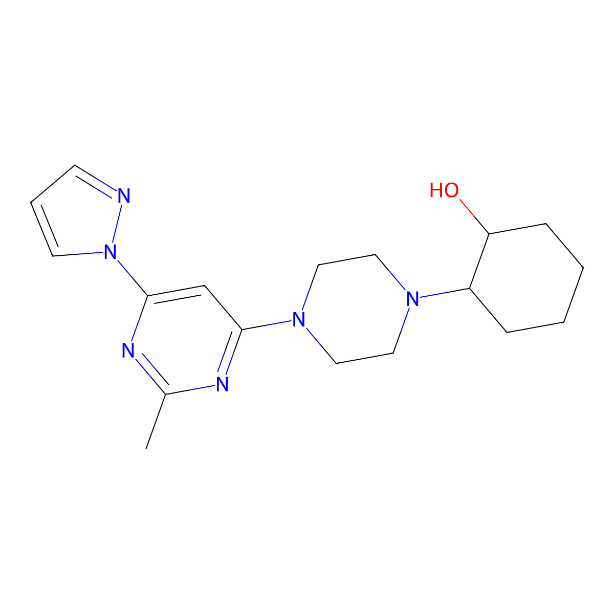 2-{4-[2-methyl-6-(1H-pyrazol-1-yl)pyrimidin-4-yl]piperazin-1-yl}cyclohexan-1-ol molecular structure, CAS 2770625-91-5