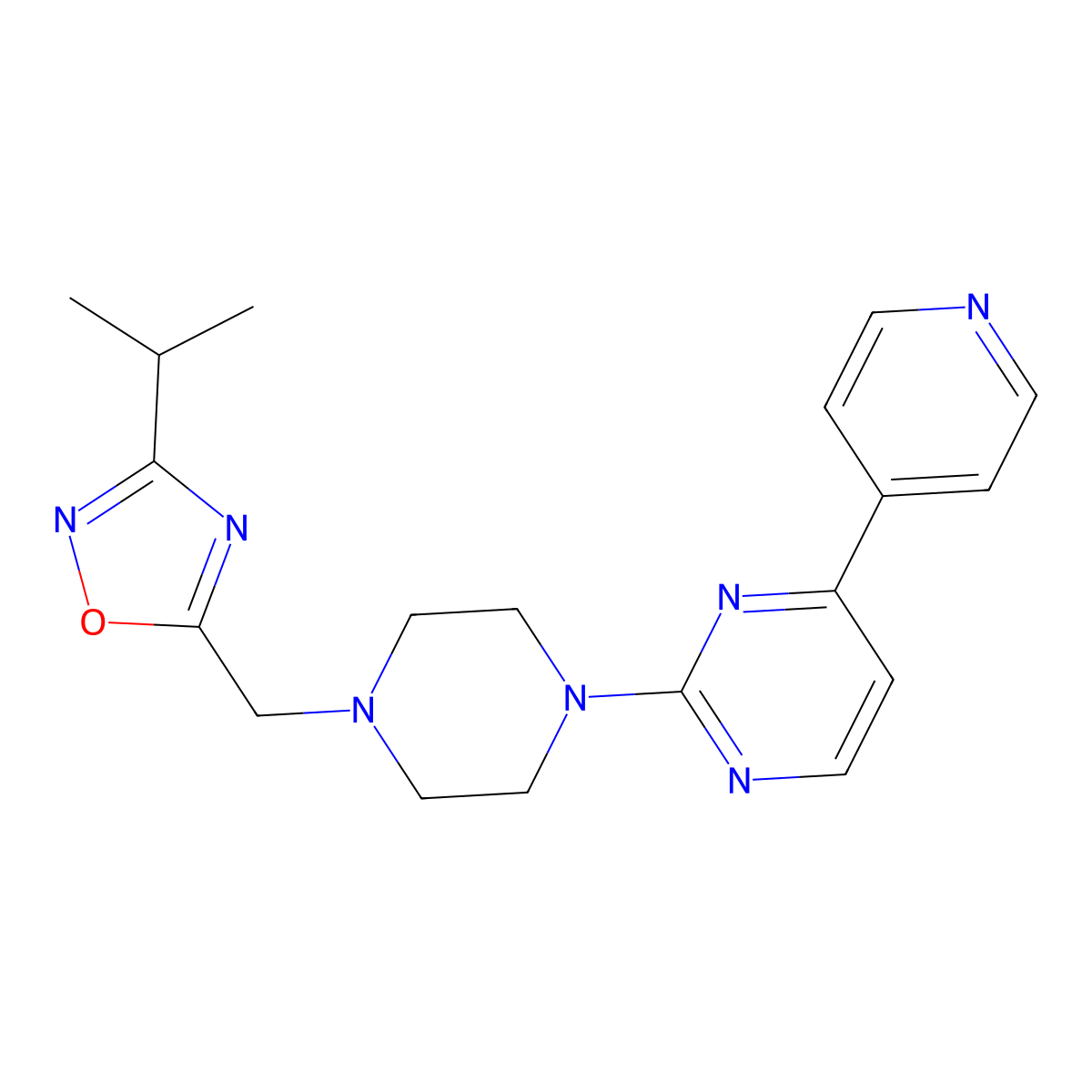 2-(4-{[3-(Propan-2-yl)-1,2,4-oxadiazol-5-yl]methyl}piperazin-1-yl)-4-(pyridin-4-yl)pyrimidine molecular structure, CAS 2770625-92-6
