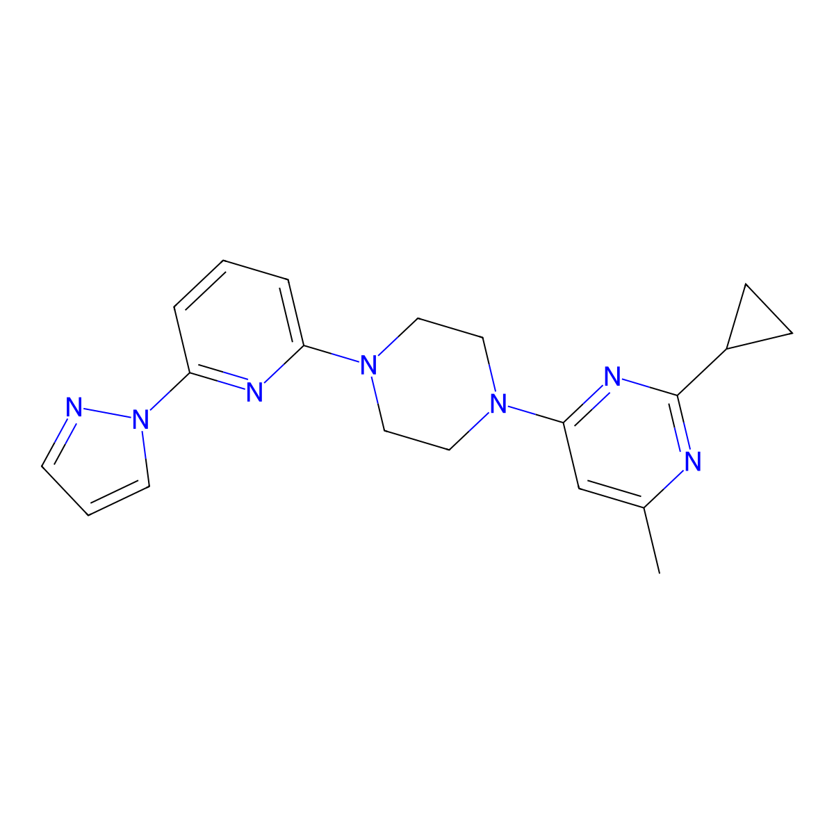 2-cyclopropyl-4-methyl-6-{4-[6-(1H-pyrazol-1-yl)pyridin-2-yl]piperazin-1-yl}pyrimidine molecular structure, CAS 2770625-94-8