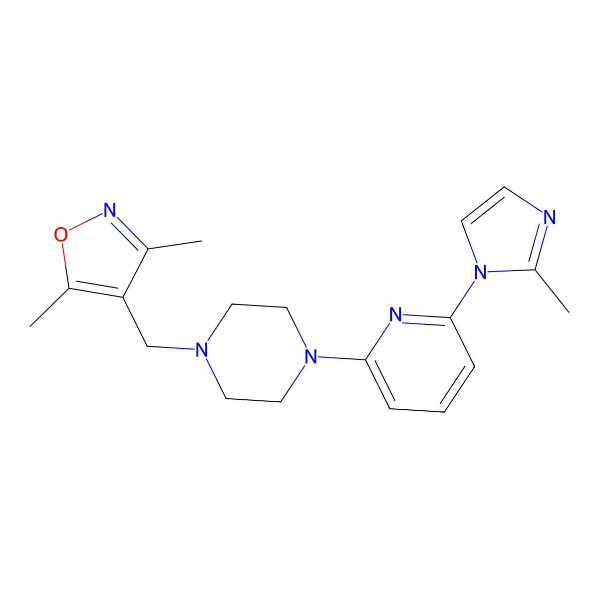 1-[(3,5-dimethyl-1,2-oxazol-4-yl)methyl]-4-[6-(2-methyl-1H-imidazol-1-yl)pyridin-2-yl]piperazine molecular structure, CAS 2770626-05-4