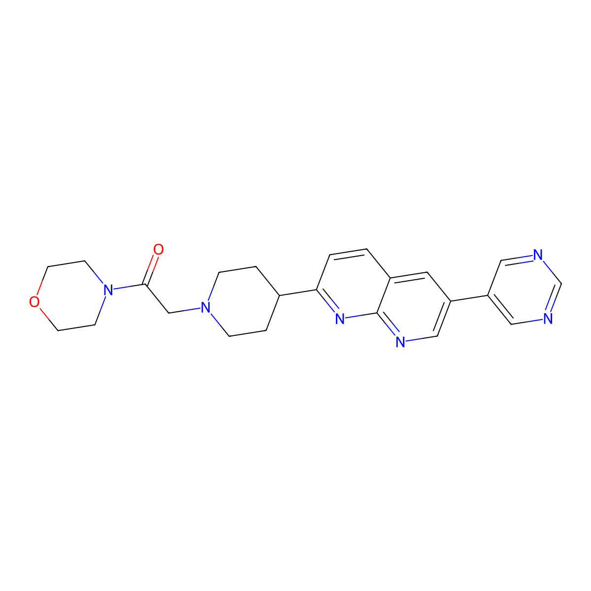 1-(Morpholin-4-yl)-2-{4-[6-(pyrimidin-5-yl)-1,8-naphthyridin-2-yl]piperidin-1-yl}ethan-1-one molecular structure, CAS 2770626-10-1