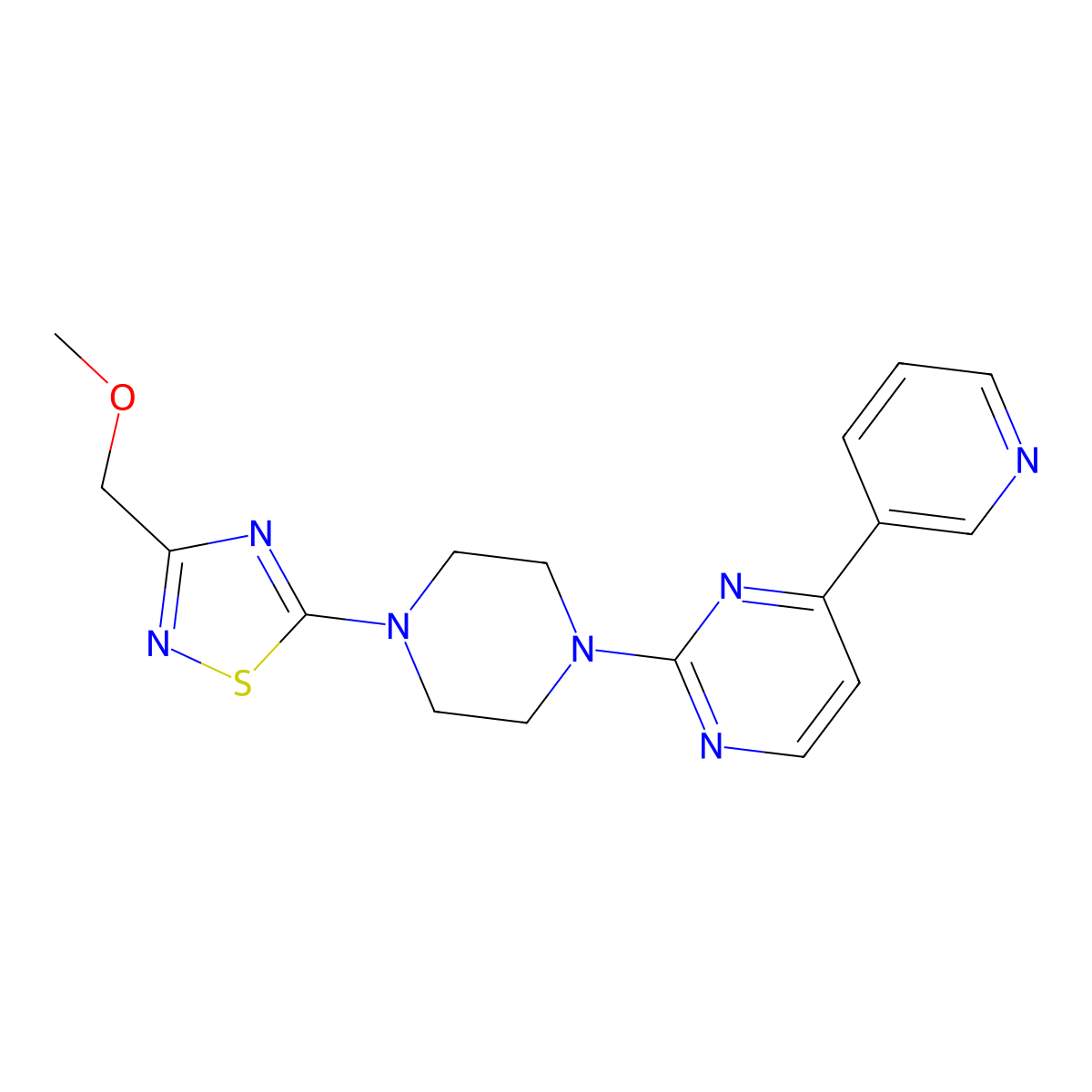2-{4-[3-(Methoxymethyl)-1,2,4-thiadiazol-5-yl]piperazin-1-yl}-4-(pyridin-3-yl)pyrimidine molecular structure, CAS 2770626-12-3