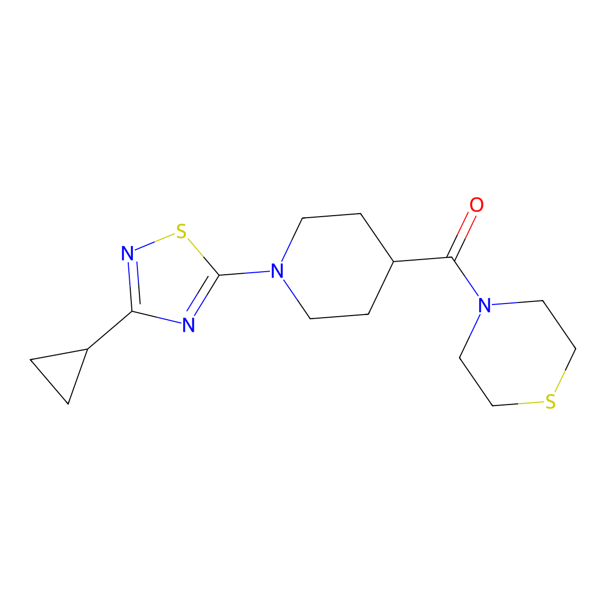 4-[1-(3-Cyclopropyl-1,2,4-thiadiazol-5-yl)piperidine-4-carbonyl]thiomorpholine molecular structure, CAS 2770626-34-9