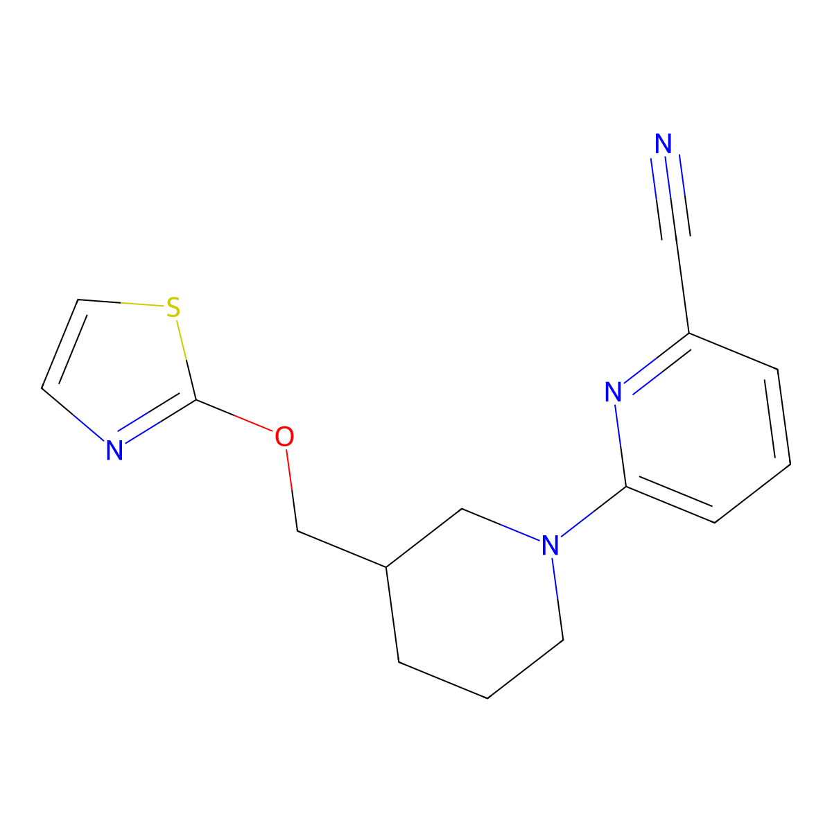 6-{3-[(1,3-Thiazol-2-yloxy)methyl]piperidin-1-yl}pyridine-2-carbonitrile molecular structure, CAS 2770626-36-1