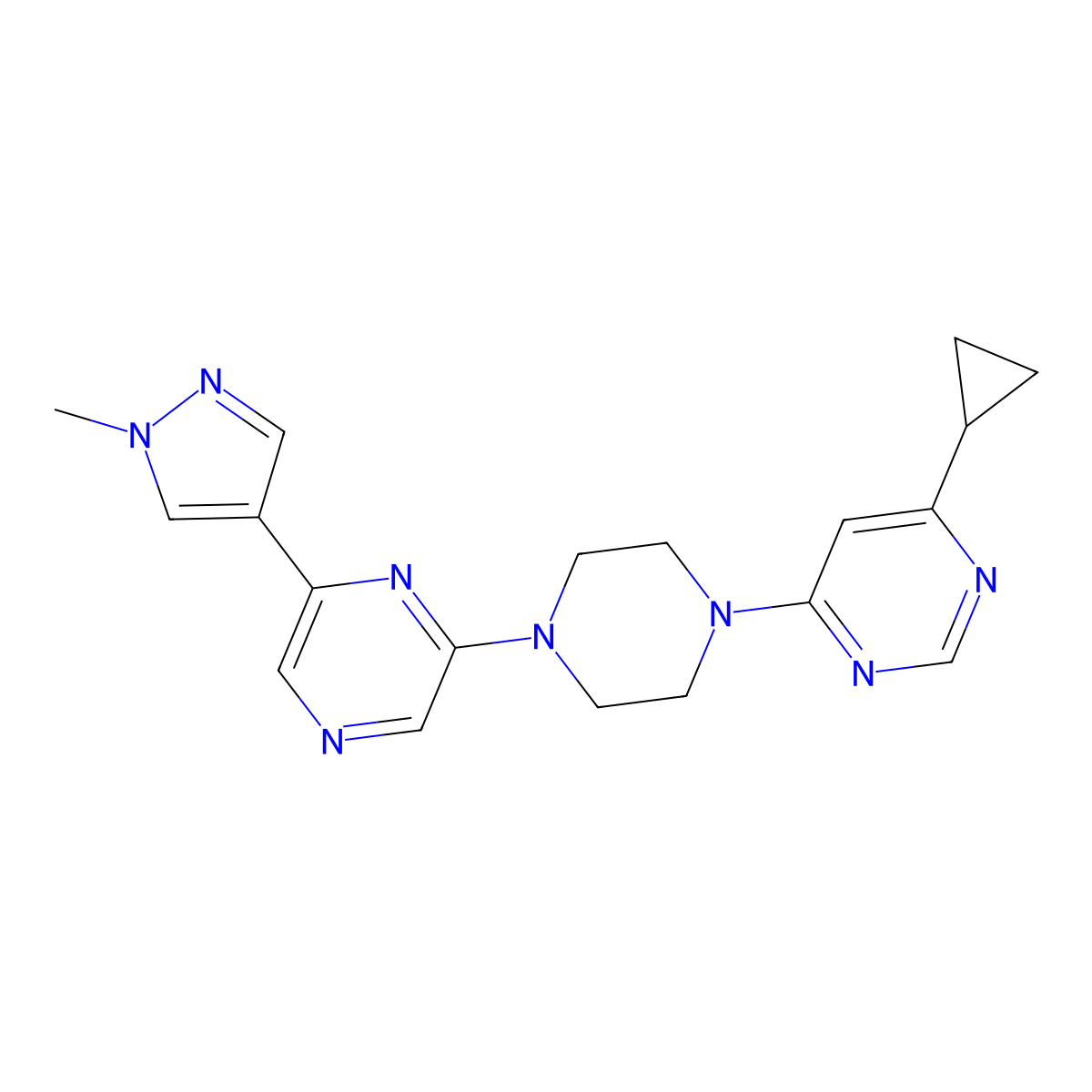 2-[4-(6-cyclopropylpyrimidin-4-yl)piperazin-1-yl]-6-(1-methyl-1H-pyrazol-4-yl)pyrazine molecular structure, CAS 2770626-41-8