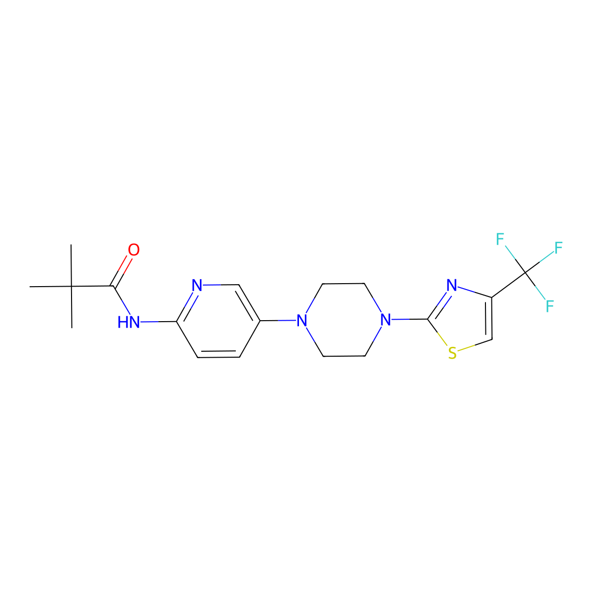 2,2-dimethyl-N-(5-{4-[4-(trifluoromethyl)-1,3-thiazol-2-yl]piperazin-1-yl}pyridin-2-yl)propanamide molecular structure, CAS 2770626-43-0
