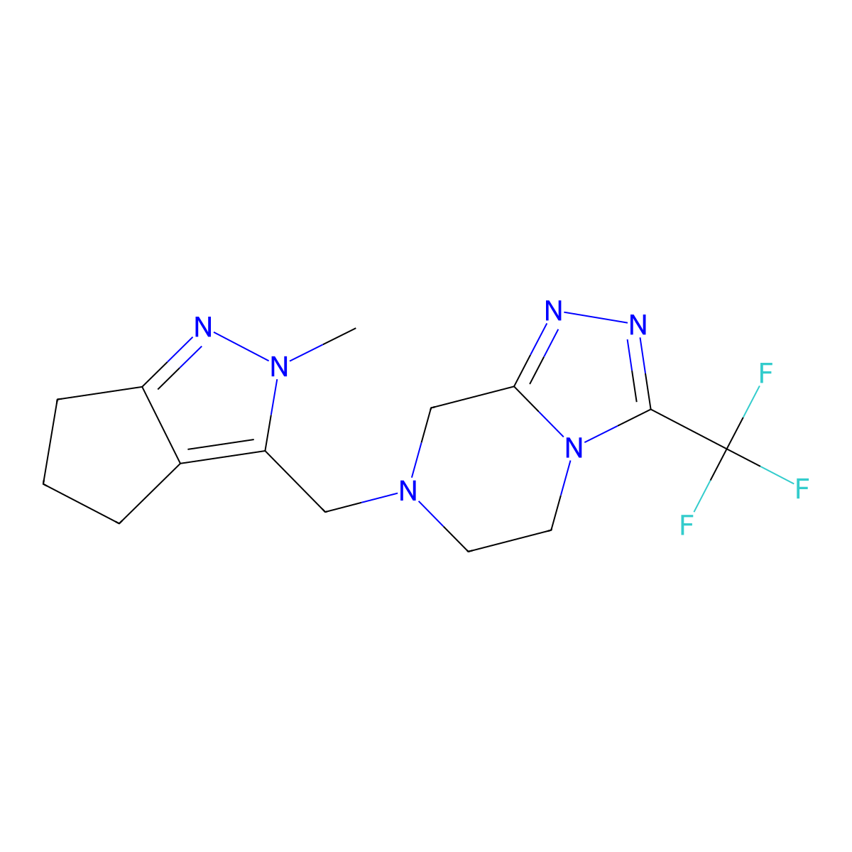 7-({2-methyl-2H,4H,5H,6H-cyclopenta[c]pyrazol-3-yl}methyl)-3-(trifluoromethyl)-5H,6H,7H,8H-[1,2,4]triazolo[4,3-a]pyrazine molecular structure, CAS 2770626-47-4