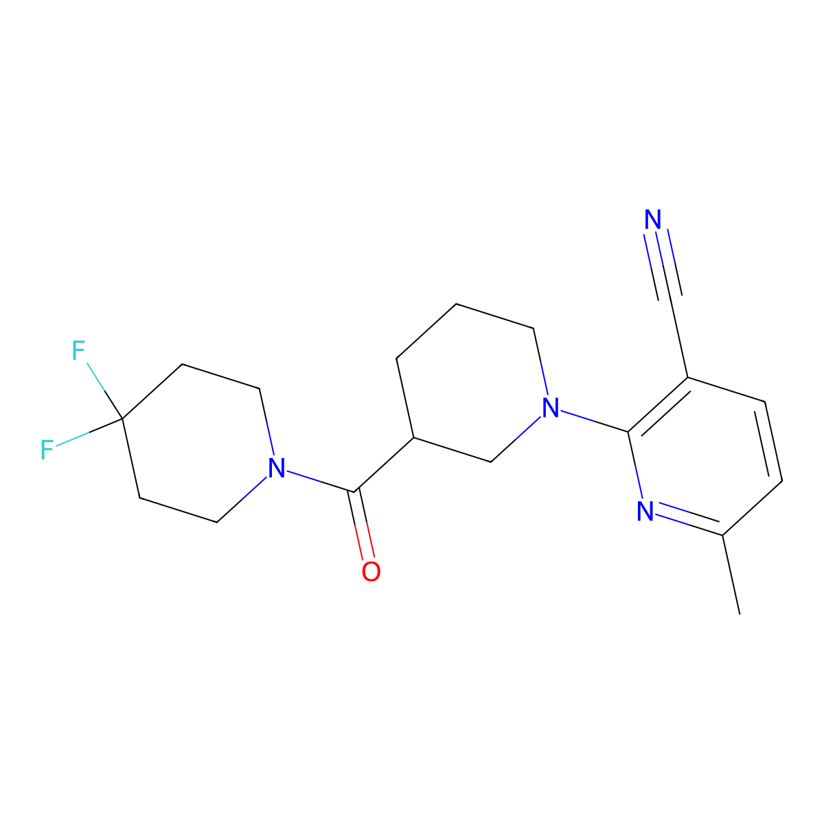 2-[3-(4,4-Difluoropiperidine-1-carbonyl)piperidin-1-yl]-6-methylpyridine-3-carbonitrile molecular structure, CAS 2770626-57-6