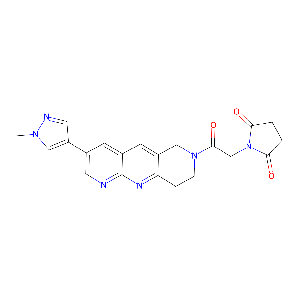 1-{2-[3-(1-methyl-1H-pyrazol-4-yl)-6H,7H,8H,9H-pyrido[2,3-b]1,6-naphthyridin-7-yl]-2-oxoethyl}pyrrolidine-2,5-dione molecular structure, CAS 2770626-63-4