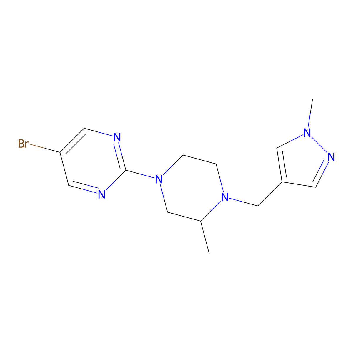 5-bromo-2-{3-methyl-4-[(1-methyl-1H-pyrazol-4-yl)methyl]piperazin-1-yl}pyrimidine molecular structure, CAS 2770626-67-8