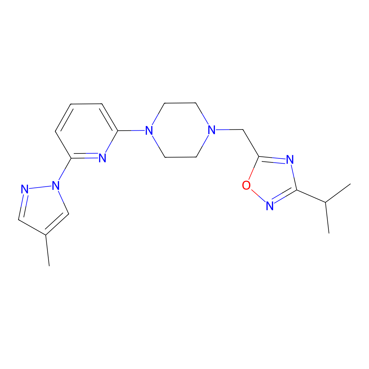 1-[6-(4-methyl-1H-pyrazol-1-yl)pyridin-2-yl]-4-{[3-(propan-2-yl)-1,2,4-oxadiazol-5-yl]methyl}piperazine molecular structure, CAS 2770626-71-4
