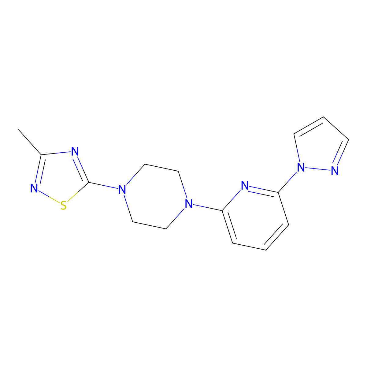 1-(3-methyl-1,2,4-thiadiazol-5-yl)-4-[6-(1H-pyrazol-1-yl)pyridin-2-yl]piperazine molecular structure, CAS 2770626-76-9
