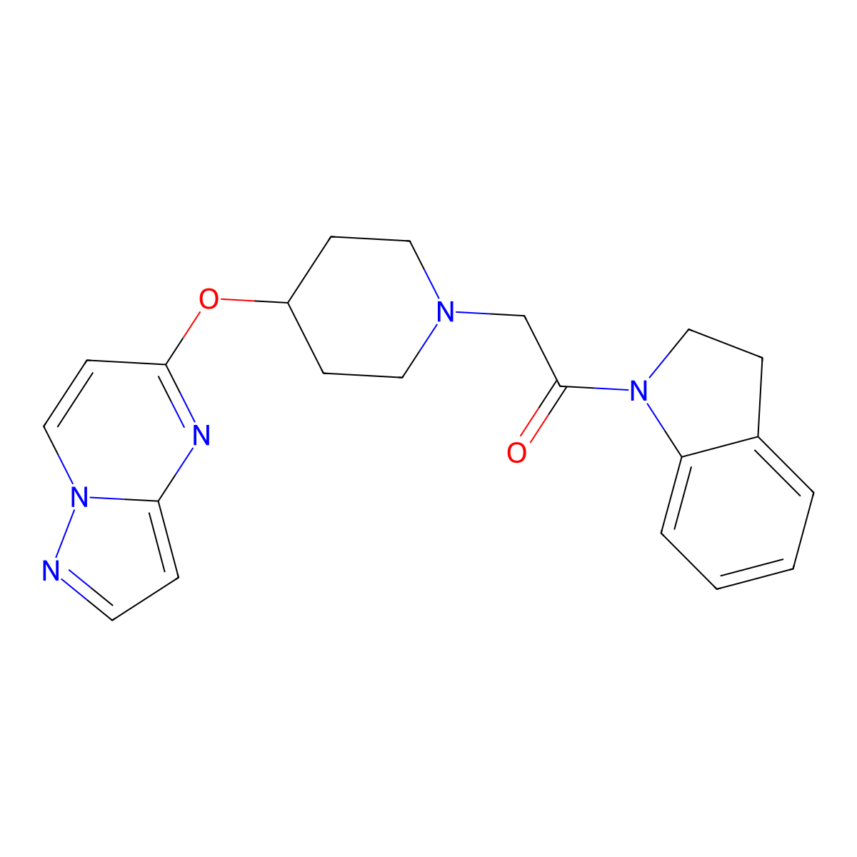 1-(2,3-dihydro-1H-indol-1-yl)-2-(4-{pyrazolo[1,5-a]pyrimidin-5-yloxy}piperidin-1-yl)ethan-1-one molecular structure, CAS 2770626-81-6