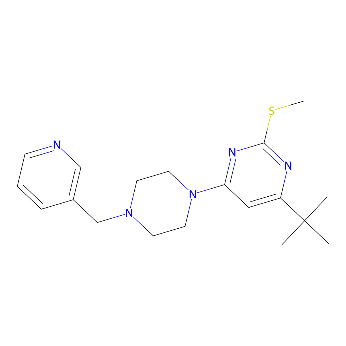 4-Tert-butyl-2-(methylsulfanyl)-6-{4-[(pyridin-3-yl)methyl]piperazin-1-yl}pyrimidine molecular structure, CAS 2770626-83-8
