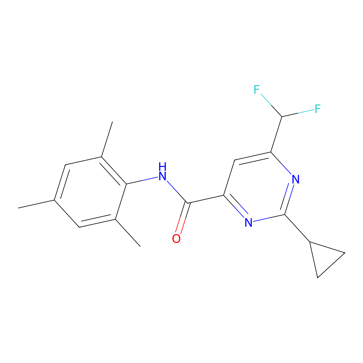 2-cyclopropyl-6-(difluoromethyl)-N-(2,4,6-trimethylphenyl)pyrimidine-4-carboxamide molecular structure, CAS 2770626-88-3