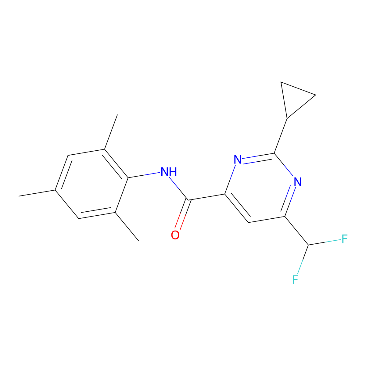 2-cyclopropyl-6-(difluoromethyl)-N-(2,4,6-trimethylphenyl)pyrimidine-4-carboxamide molecular structure, CAS 2770626-88-3
