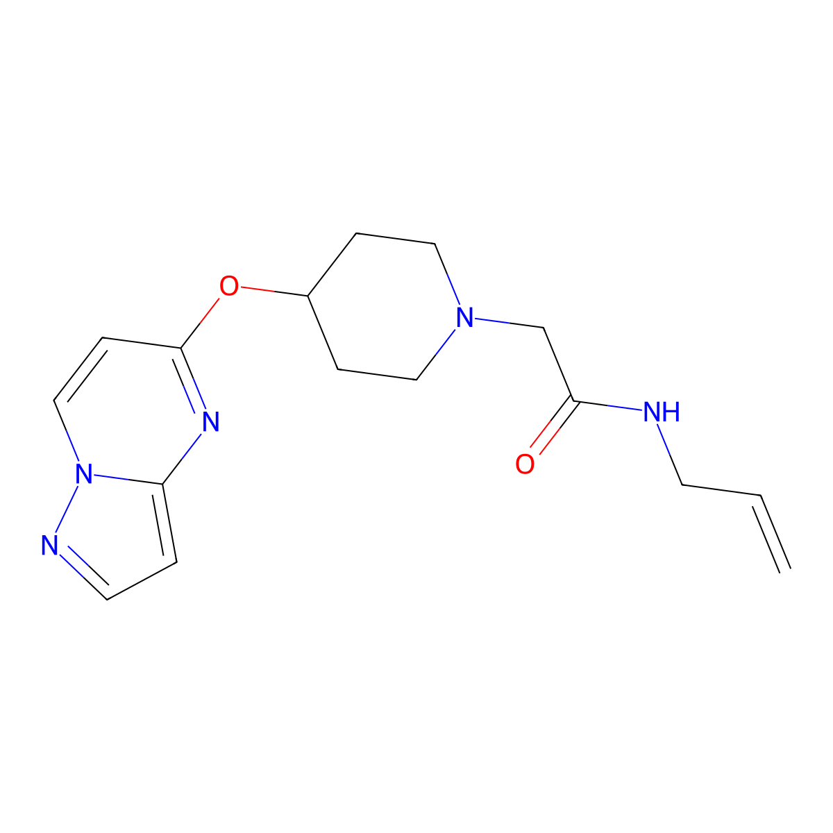 N-(prop-2-en-1-yl)-2-(4-{pyrazolo[1,5-a]pyrimidin-5-yloxy}piperidin-1-yl)acetamide molecular structure, CAS 2770626-89-4