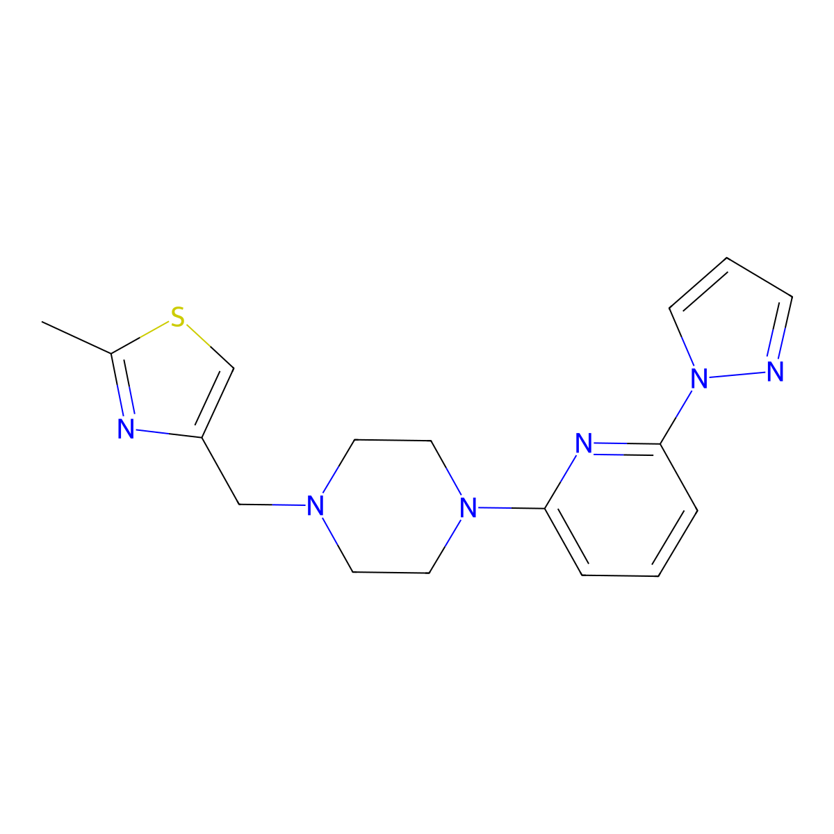 1-[(2-methyl-1,3-thiazol-4-yl)methyl]-4-[6-(1H-pyrazol-1-yl)pyridin-2-yl]piperazine molecular structure, CAS 2770626-91-8