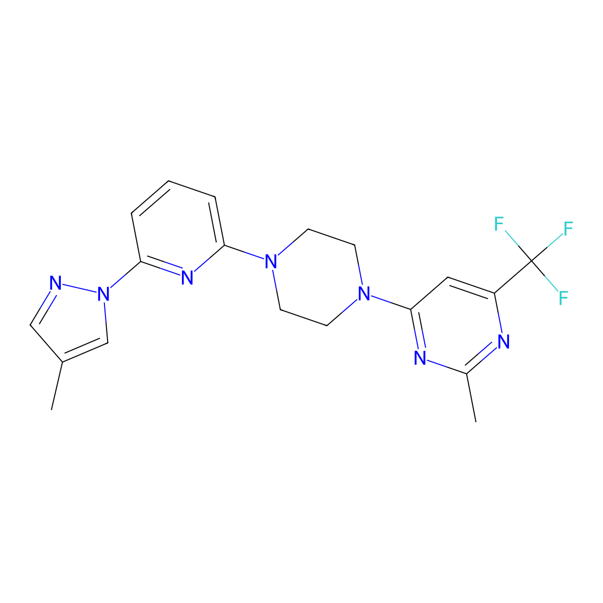 2-methyl-4-{4-[6-(4-methyl-1H-pyrazol-1-yl)pyridin-2-yl]piperazin-1-yl}-6-(trifluoromethyl)pyrimidine molecular structure, CAS 2770626-95-2