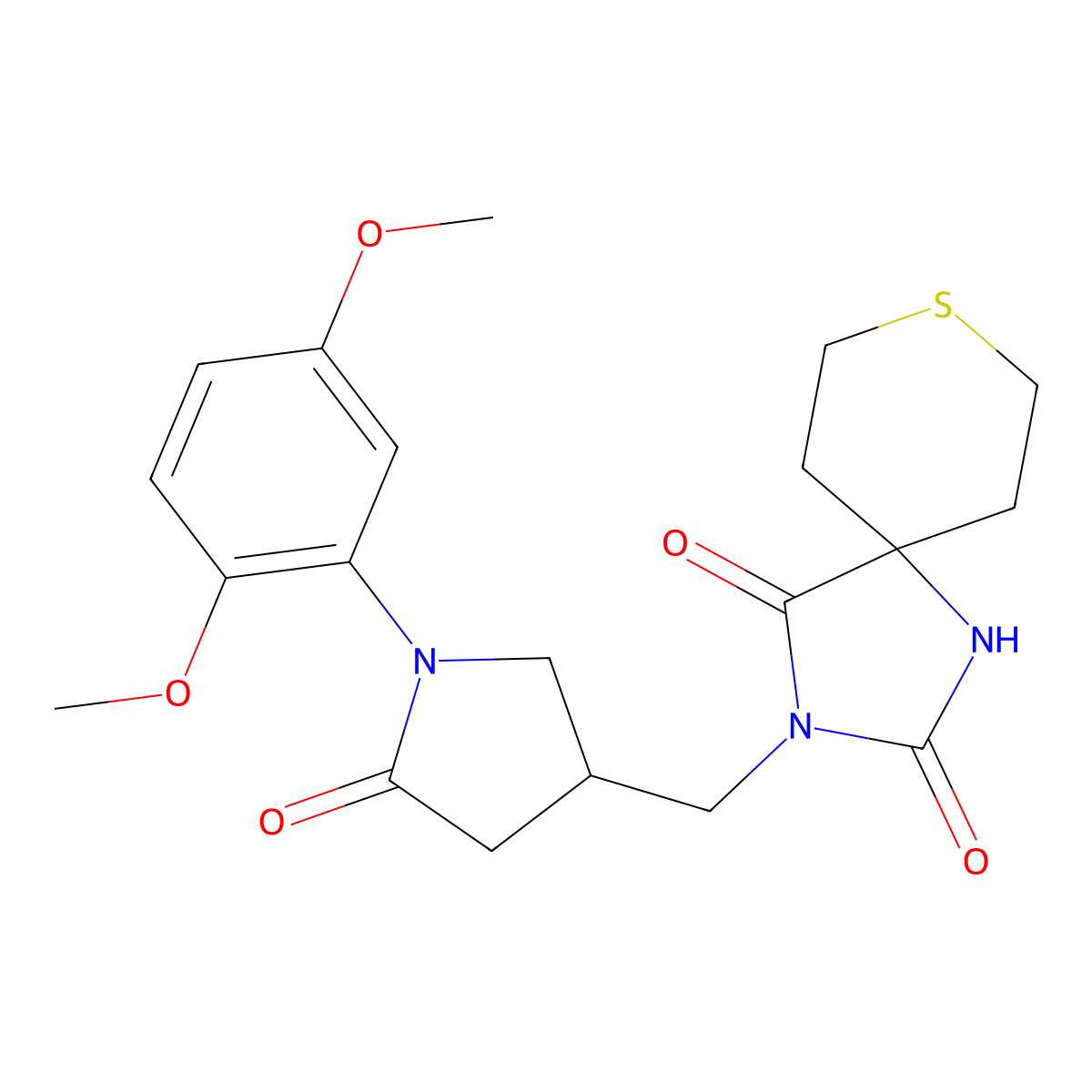 3-{[1-(2,5-Dimethoxyphenyl)-5-oxopyrrolidin-3-yl]methyl}-8-thia-1,3-diazaspiro[4.5]decane-2,4-dione molecular structure, CAS 2770626-98-5