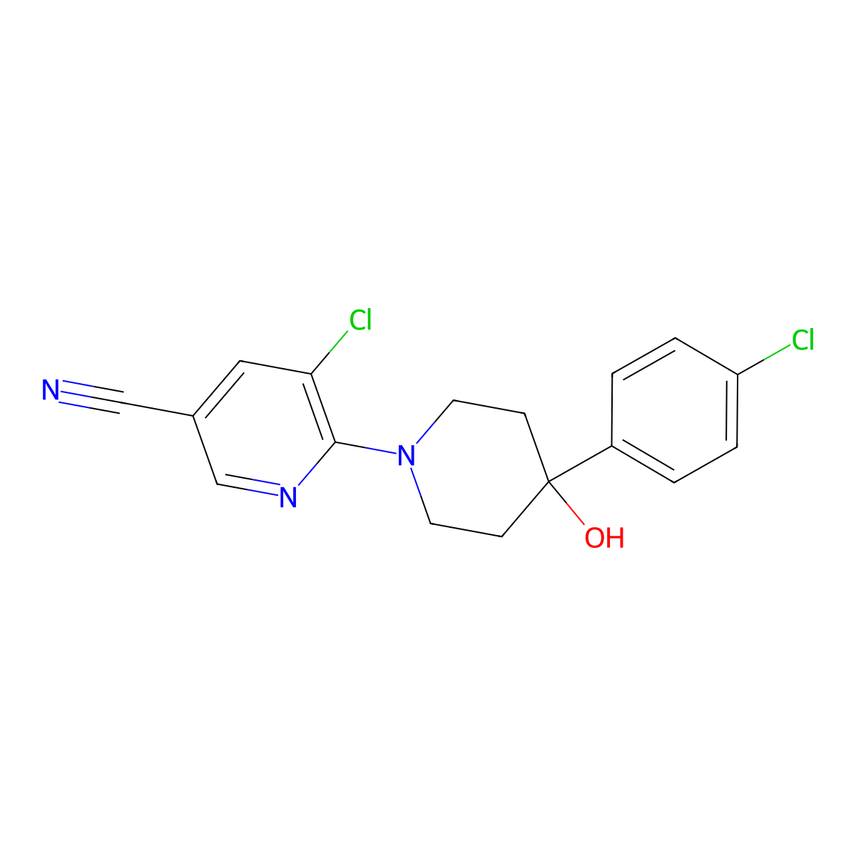 5-Chloro-6-[4-(4-chlorophenyl)-4-hydroxypiperidin-1-yl]pyridine-3-carbonitrile molecular structure, CAS 2770627-01-3