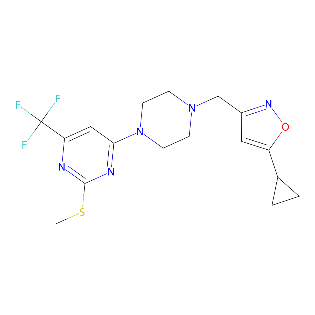 4-{4-[(5-Cyclopropyl-1,2-oxazol-3-yl)methyl]piperazin-1-yl}-2-(methylsulfanyl)-6-(trifluoromethyl)pyrimidine molecular structure, CAS 2770627-07-9