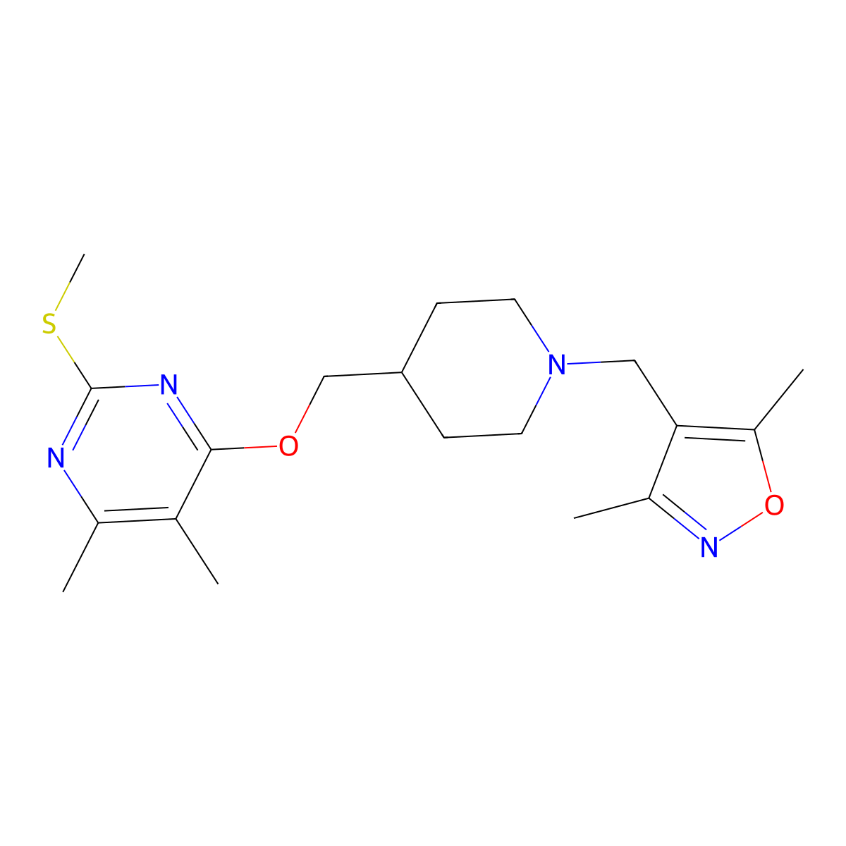 4-({1-[(3,5-Dimethyl-1,2-oxazol-4-yl)methyl]piperidin-4-yl}methoxy)-5,6-dimethyl-2-(methylsulfanyl)pyrimidine molecular structure, CAS 2770627-21-7
