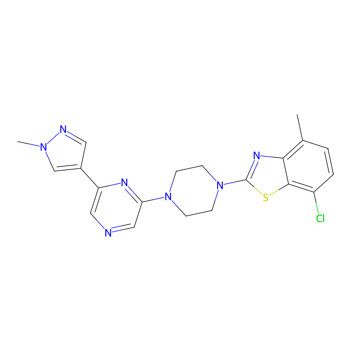 7-chloro-4-methyl-2-{4-[6-(1-methyl-1H-pyrazol-4-yl)pyrazin-2-yl]piperazin-1-yl}-1,3-benzothiazole molecular structure, CAS 2770627-22-8