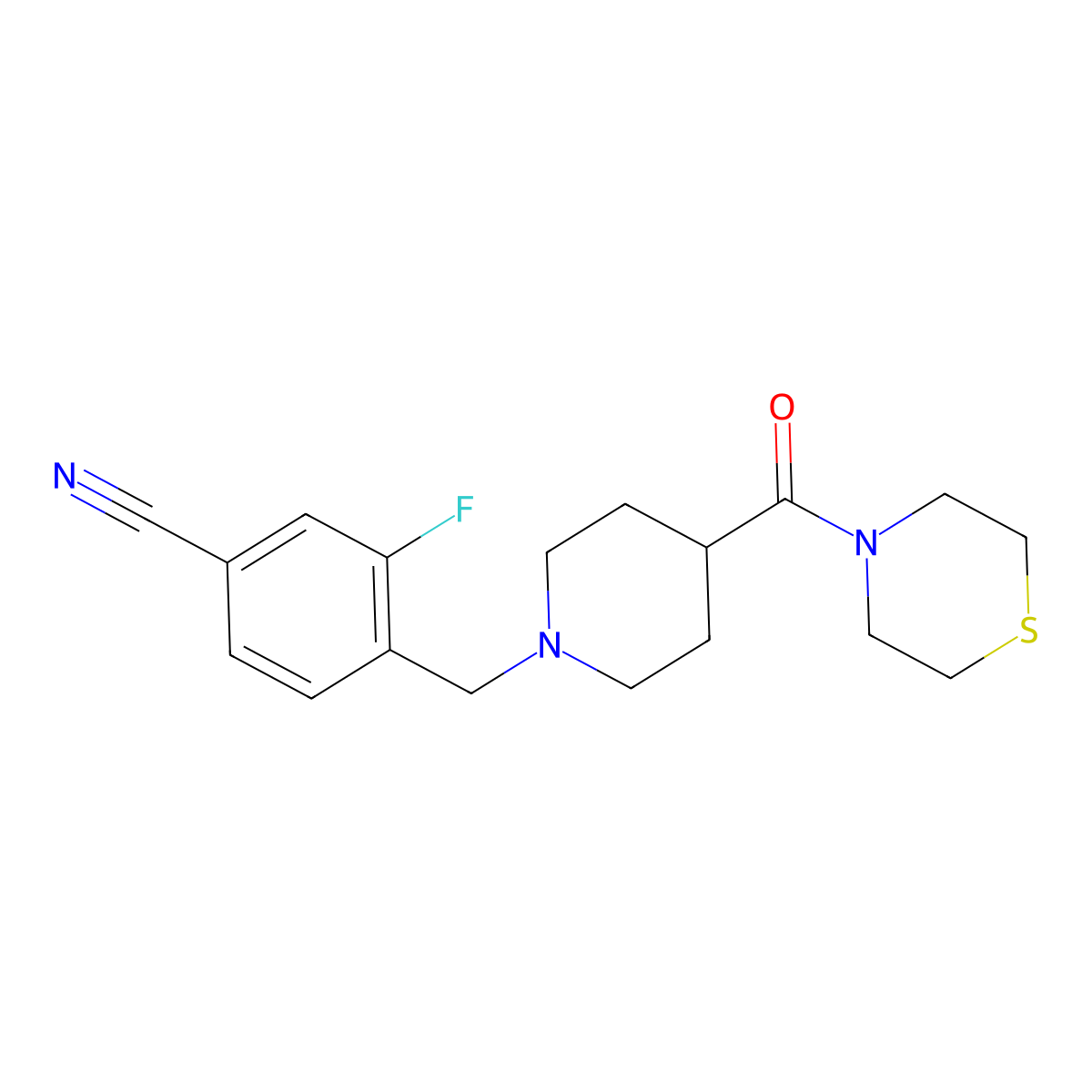 3-Fluoro-4-{[4-(thiomorpholine-4-carbonyl)piperidin-1-yl]methyl}benzonitrile molecular structure, CAS 2770627-23-9